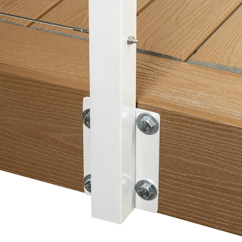 Easy As Pie Cable Railing Kit For Decks Featuring Marine Grade Stainless Steel Cables Plus Pre Drilled Posts And All Necessary Hardware Included For Quick Face Mount Setup In Clean White, close-up of post mount.