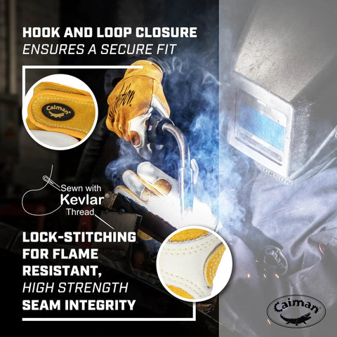 Welding scene with All Day Comfort Welding Gloves With Premium Cow Grain Leather And Double Stitched Palm Padding, yellow detail.
