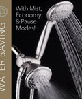 High Pressure 2 In 1 Handheld And Rain Shower Head System with 24 Full And Combined Settings, water-saving features shown