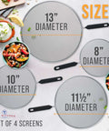 Four Piece Stainless Steel Splatter Guard Set With Fine Mesh Keeps Grease From Splashing All Over Your Stove, various sizes shown