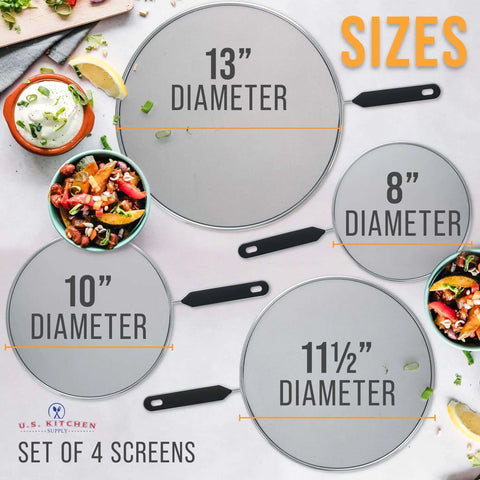 Four Piece Stainless Steel Splatter Guard Set With Fine Mesh Keeps Grease From Splashing All Over Your Stove, various sizes shown