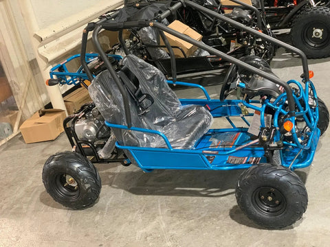 Kids 125cc Go Kart Raptor Style Fully Automatic With Reverse Blue Mid Size 4 Stroke Power Headlights Taillights Easy Start