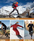 Merino Wool Hiking Crew Socks for Men and Women, hiking in snow, cycling on a path, skiing downhill, and running on a bridge.