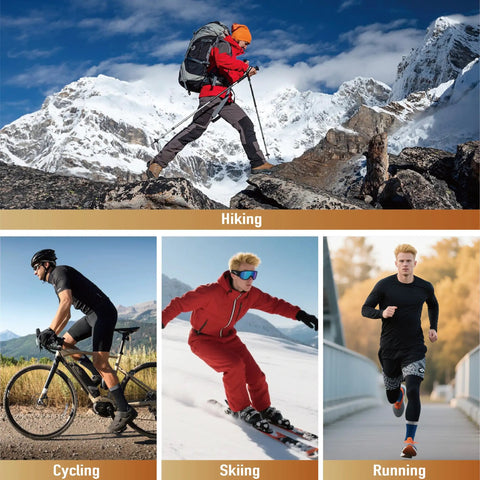 Merino Wool Hiking Crew Socks for Men and Women, hiking in snow, cycling on a path, skiing downhill, and running on a bridge.