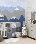Nursery with a mountain mural, crib, quilt, and Metallic Copper Bear Head Wire Wall Art For Nursery Decor And Kid Rooms