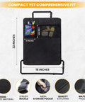 Backseat Car Seat Protector And Organizer Set Waterproof Kick Mats For Kids 2 Pack With Built In Storage Pockets Dirt Mud Scratch Guard And Easy Cleanup Travel Accessory For A Cleaner Ride in black with storage dimensions 22x18 inches shown.