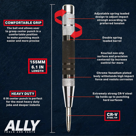 Heavy Duty Automatic Center Punch 3 Piece Set Packaged With 6 Inch Chrome Steel Body And Adjustable Spring Tension for precise marking.