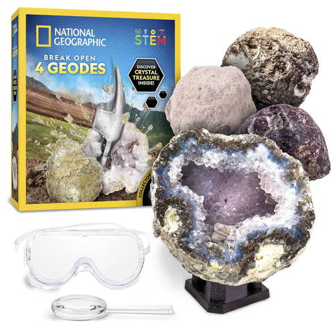 Break Open Four Geodes Science Kit With Goggles And Display Stand For STEM Learning A Totally Awesome Gift For Kids box set