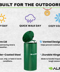 Weather Resistant Green Steel Dog Waste Station With 13.5 Gallon Capacity Outdoor Poop Trash Can For Parks Trails And Public Areas Built From Galvanized Steel With Rugged Powder Coat Finish That Keeps It Looking Sharp, featuring secure lid and vented design for harsh conditions.