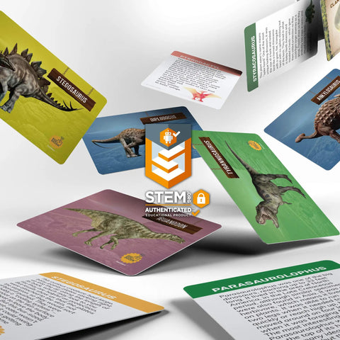 Floating dinosaur learning cards from Dig Up 12 Dino Eggs And Uncover 12 Unique Dinosaur Models With A Totally Hands On Dino Dig Kit