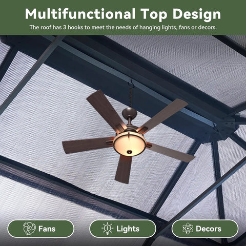 Ceiling fan hanging under a polycarbonate roof of Hardtop Outdoor Gazebo 10x12 With Double Polycarbonate Roof, All Weather Permanent Pavilion In Aluminum Frame, Curtains And Netting For Patio Garden Lawns, Patio Ready, Easy Setup, UV Blocking And Wind Resistant.