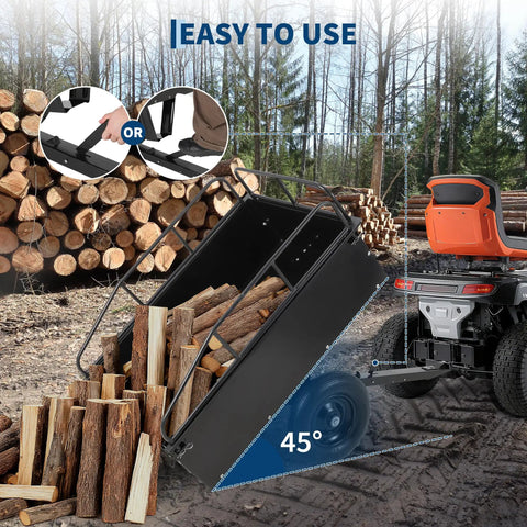 Beefy Dump Cart Pull Behind For Lawn Tractor With 750 Lb Capacity And 15 Cu Ft Heavy Duty Steel Utility Trailer dumping firewood