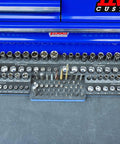 All In One Socket Organizer For 1/4 And 3/8 Drives With SAE And Metric Sizes neatly displayed in a toolbox with sockets and bits.