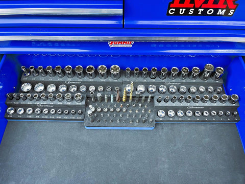 All In One Socket Organizer For 1/4 And 3/8 Drives With SAE And Metric Sizes neatly displayed in a toolbox with sockets and bits.