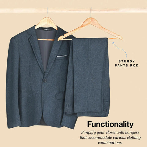 Wooden Coat Hangers 30 Pack Natural Wood Heavy Duty Non Slip For Shirts Jackets Pants Suits With Chrome Swivel Hook Premium Solid Closet Hangers holding suit
