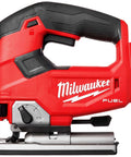 Milwaukee M18 FUEL D-handle jig saw bare tool, red body with black grip and metal baseplate, side view