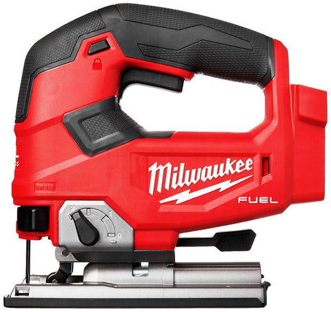 Milwaukee M18 FUEL D-handle jig saw bare tool, red body with black grip and metal baseplate, side view