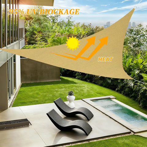 Sun Shade Sail 12 Ft By 12 Ft By 12 Ft Triangle Sand Canopy UV Block Sunshade For Patio Garden Yard Deck Pergola Lawn Backyard With Breathable HDPE Fabric installed over patio