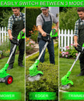 Cordless 3-in-1 Weed Wacker With Dual 2000mAh Batteries in mower, edger, and trimmer modes on lawn and patio areas.