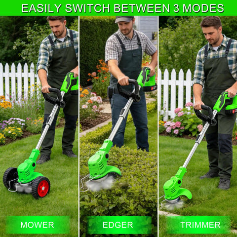 Cordless 3-in-1 Weed Wacker With Dual 2000mAh Batteries in mower, edger, and trimmer modes on lawn and patio areas.