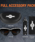 Spoggles All-In-One Protective Eyewear With Foam Padding, ANSI Z87 rated, shown with hard case, headstrap, and cleaning cloth.
