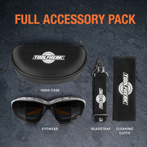 Spoggles All-In-One Protective Eyewear With Foam Padding, ANSI Z87 rated, shown with hard case, headstrap, and cleaning cloth.