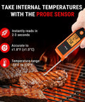 2 In 1 Infrared Thermometer With Meat Probe For Grilling And Cooking used on steak over grill flames