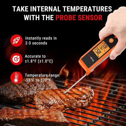 2 In 1 Infrared Thermometer With Meat Probe For Grilling And Cooking used on steak over grill flames