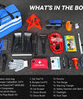 Blue VCAN car emergency safety kit bag with 18-piece contents including air compressor, jumper cables, and snow shovel.