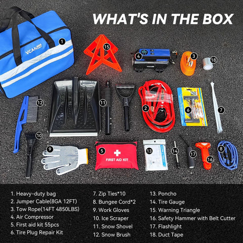 Blue VCAN car emergency safety kit bag with 18-piece contents including air compressor, jumper cables, and snow shovel.