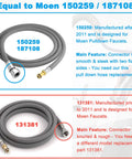 Comparison of Moen 150259/187108 pull down hose kit with image of connector features and compatibility details.