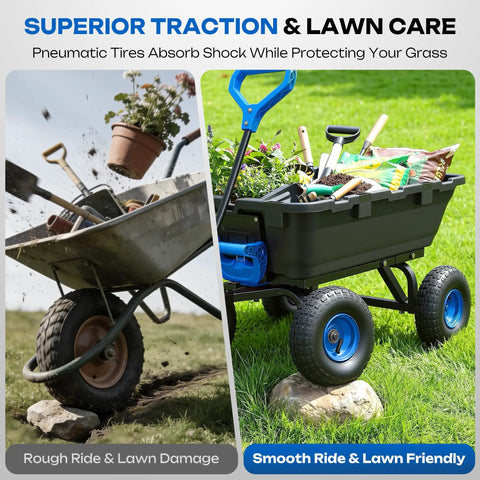 900 Pound Capacity Garden Dump Cart With 10 Inch Non Slip Pneumatic Tires Built Tough Heavy Duty 4 Wheel Wheelbarrow Cart Quick Release System Steel Frame Wagon For Yard Farm Garden Hauling