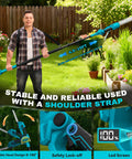 Man holding Six In One Pole Saw And Cordless Hedge Trimmer Kit with adjustable pole and shoulder strap in garden