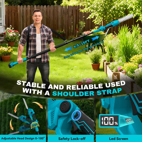 Man holding Six In One Pole Saw And Cordless Hedge Trimmer Kit with adjustable pole and shoulder strap in garden