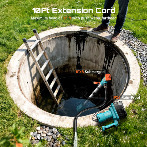 Cordless Water Transfer Pump With Two 4.0Ah Batteries Included, 740 GPH Portable Submersible Pump in use inside a well.