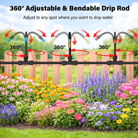 Upgraded 2026 360 Degree Adjustable Drip Irrigation Kit With Bendable Tubing, 200ft Total Run watering colorful garden flowers