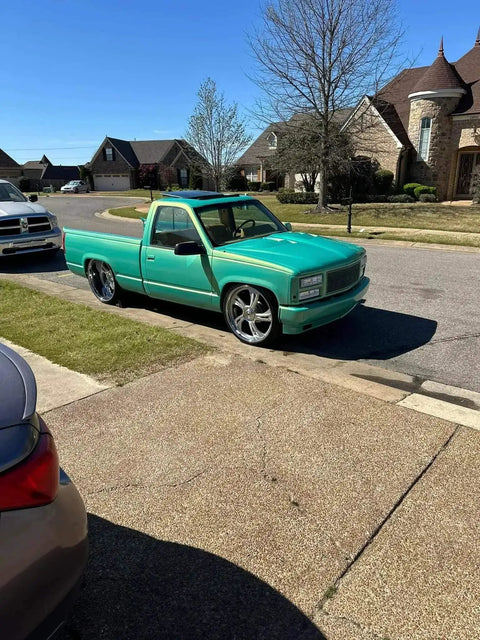 Rich Jade Green Basecoat Paint Gallon Drop In Ready To Spray With Included Fast Dry Reducer on a modified pickup truck.
