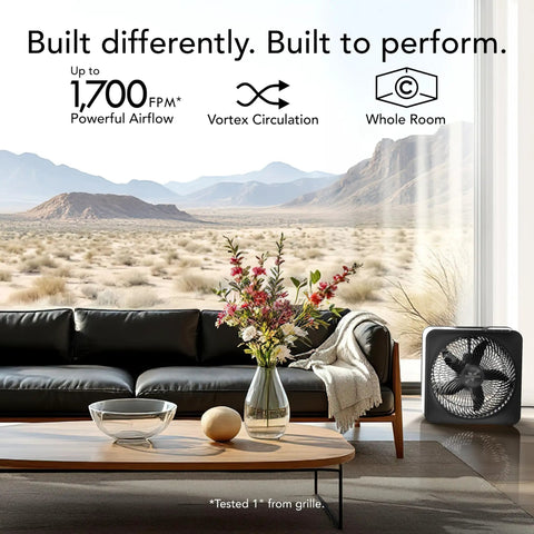 High Velocity Box Fan With Removable Grille, 5 Speed Settings, Killer Airflow For Whole Room Circulation And Targeted Cooling in living room