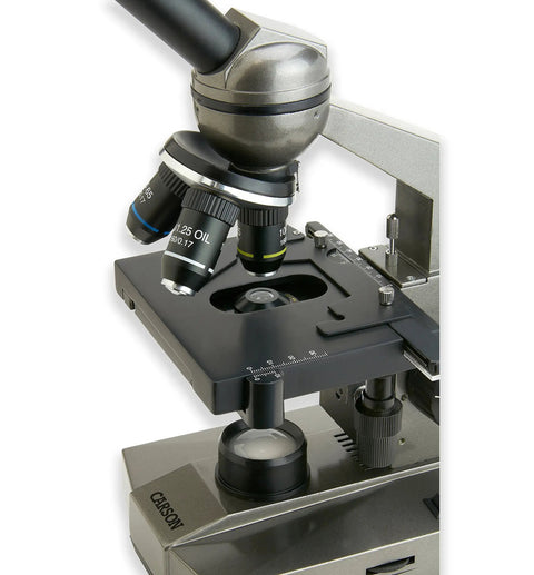 Starter Grade 100x To 1000x Compound Microscope For Students with mechanical stage close-up view showing objective lenses