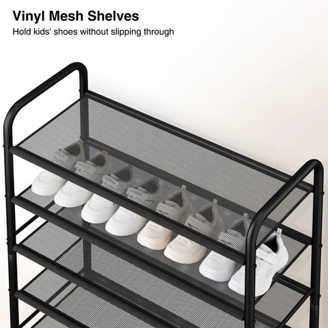 Beefy 5-Tier Metal Shoe Rack With Mesh Shelves For Entryway, Closet Or Garage, showing shoes on black mesh tiers.