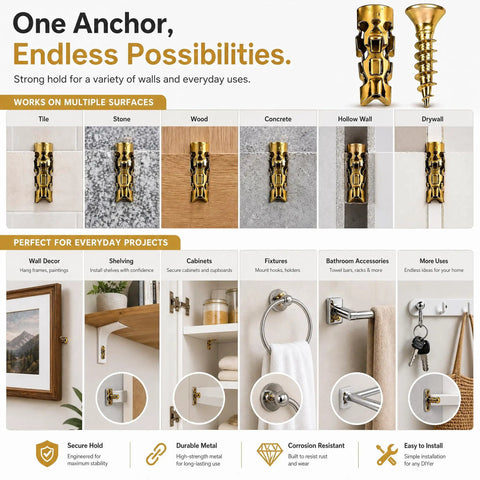 Thirty Five Pack Heavy Duty Self Expanding Metal Anchor Screws Tough Zinc Steel Plugs displayed on various surfaces for versatile use.
