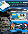 373 piece tackle box open with visible lures and removable tray from Telescopic Fishing Rod And Reel Combo With 373 Piece Tackle Box