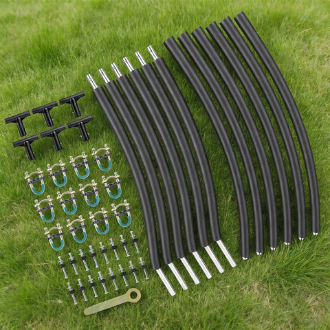 Six Pack Curved Trampoline Replacement Poles Thick Galvanized Steel Upgrades Fit 8 To 16 Foot Backyard Bouncers parts laid out on grass.