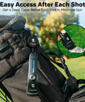 Golf Club Brush With Water Release And Retractable Clip Push Button For Easy Cleaning Nylon Bristles Holds 4 Oz Heavy Duty Golf Accessory For Men Best Golf Gift Stocking Stuffer attached to a golf bag