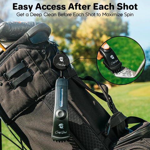 Golf Club Brush With Water Release And Retractable Clip Push Button For Easy Cleaning Nylon Bristles Holds 4 Oz Heavy Duty Golf Accessory For Men Best Golf Gift Stocking Stuffer attached to a golf bag