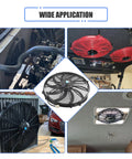 Heavy Lifting 14 Inch Slim Push Pull Electric Radiator Cooling Fan 12 Volt 90 Watt Beast Mode Eight Blade Engine Cooler installed in various setups.