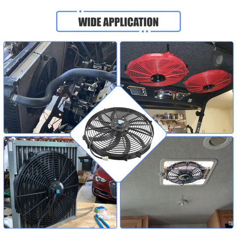 Heavy Lifting 14 Inch Slim Push Pull Electric Radiator Cooling Fan 12 Volt 90 Watt Beast Mode Eight Blade Engine Cooler installed in various setups.