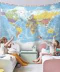 World Map Tapestry Wall Hanging For Kid Friendly Classrooms With Country Flags Educational Geography Wall Art 60x80 Inches displayed over beds