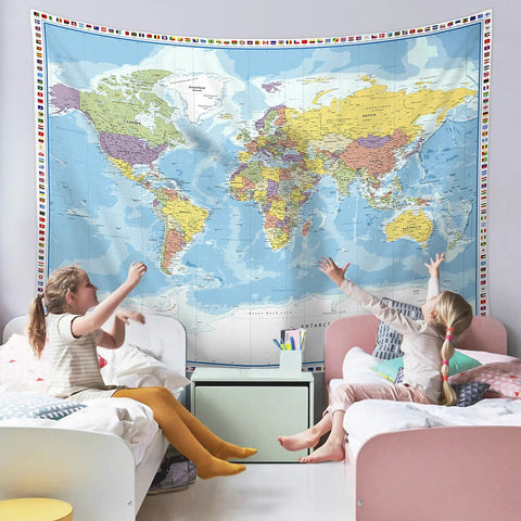 World Map Tapestry Wall Hanging For Kid Friendly Classrooms With Country Flags Educational Geography Wall Art 60x80 Inches displayed over beds