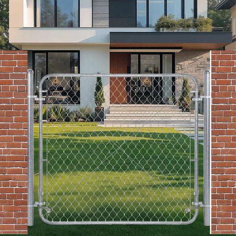 Heavy Duty Chain Link Fence Gate With Round Frame, 48 Inch High By 24 To 72 Inch Wide, Galvanized Steel Outdoor Gate in front of house
